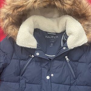 Nautica Dark Blue Quilted Jacket with Faux Fur Trim